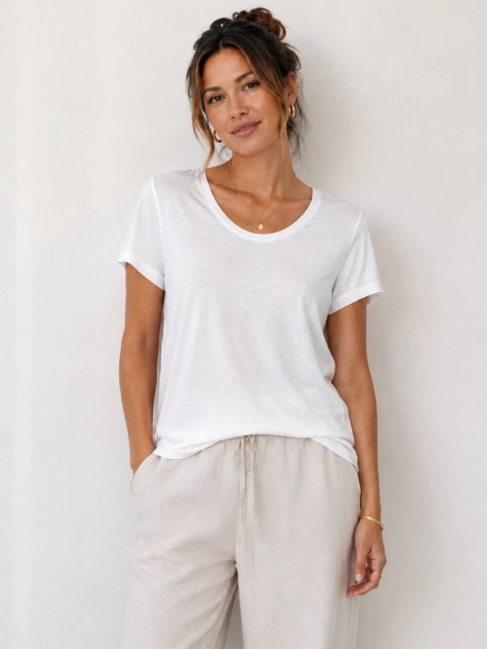 Quince Cotton Modal Women's White Short Sleeve Scoop Neck Tee Shirt Size Large